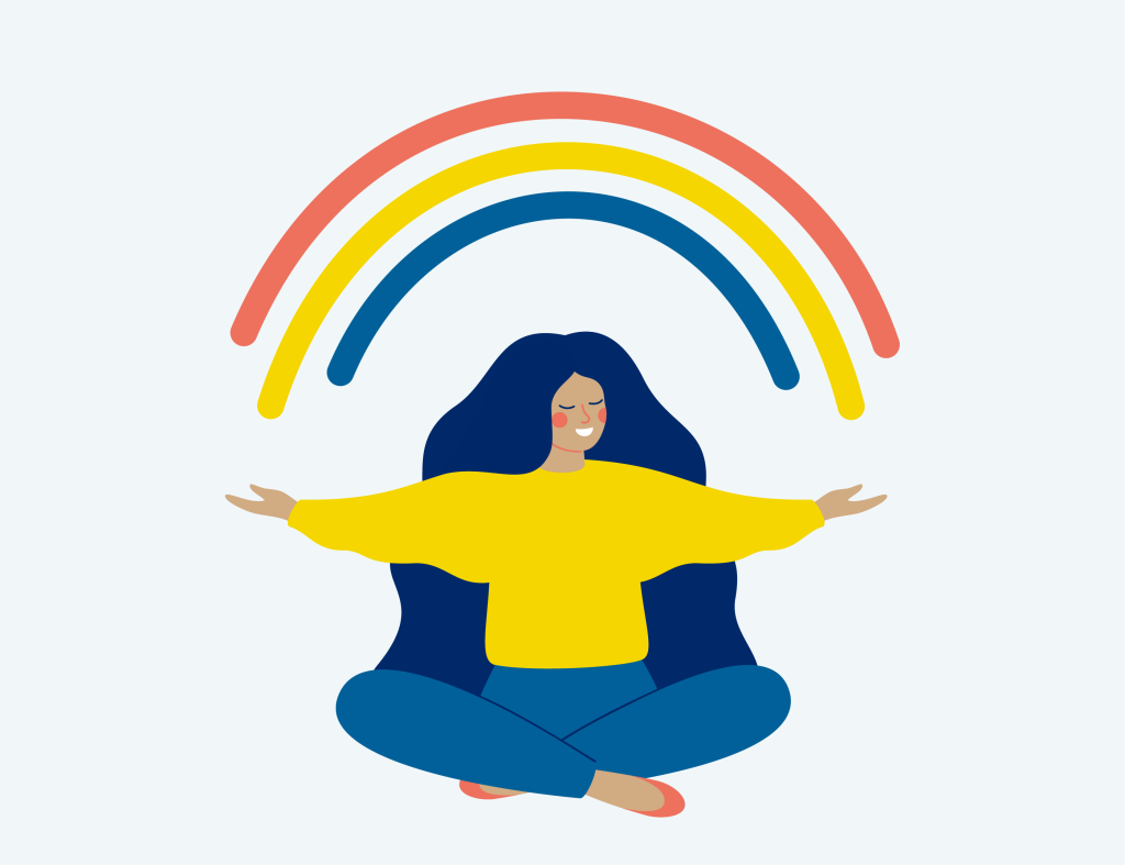 Colorful illustration of cross legged woman with eyes closed, arms spread and rainbow overhead.